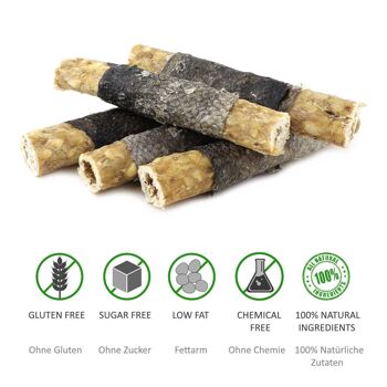 DOGBOSS Rouleaux à mâcher fourrés 100% naturels, peau de bœuf au saumon, lot de 5 en 13 cm (5x32g=160g) ou 17 cm (5x41g=205g) 2