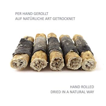 DOGBOSS Rouleaux à mâcher fourrés 100% naturels, peau de bœuf au saumon, lot de 5 en 13 cm (5x32g=160g) ou 17 cm (5x41g=205g) 4