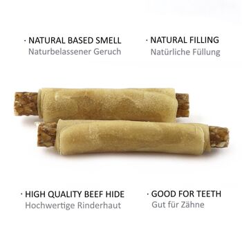 DOGBOSS Rouleaux à mâcher fourrés 100% naturel, peau de bœuf aux tripes, lot de 5 en 13 cm (5x50g=250g) ou 17 cm (5x75g=375g) 3