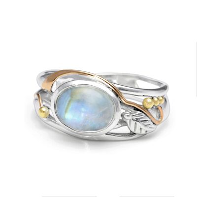 Anillo Piedra Luna Arco Iris con detalles en Oro