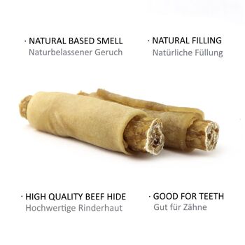 DOGBOSS Rouleaux à mâcher fourrés 100% naturel, peau de bœuf à l'autruche, lot de 5 en 13 cm (5x50g=250g) ou 17 cm (5x75g=375g) 2