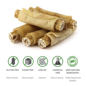 DOGBOSS Rouleaux à mâcher fourrés 100% naturel, peau de bœuf à l'autruche, lot de 5 en 13 cm (5x50g=250g) ou 17 cm (5x75g=375g) 4