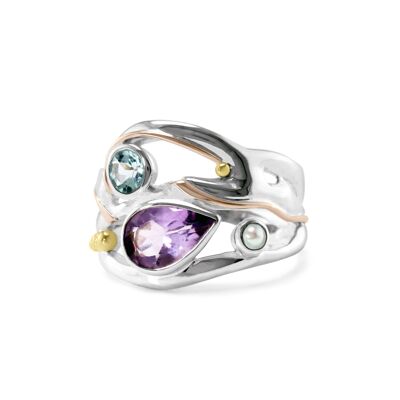 Blue Topaz,Amethyst and Freshwater Pearl Silver Ring