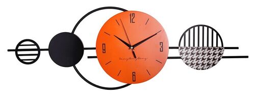 Black metal wall clock with wooden orange and black details. Dimension: 80x30cm DF-135