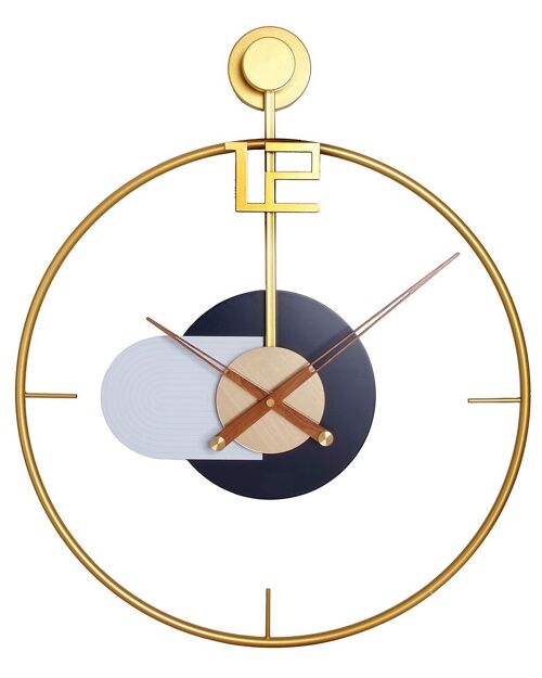 Gold metal wall clock with wooden white and black details. Dimension: 60x50cm DF-137