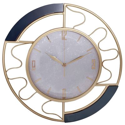 Horloge murale en métal doré avec détails en bois bleu marine. Dimension : 43cmDF-139