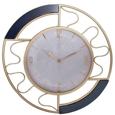Horloge murale en métal doré avec détails en bois bleu marine. Dimension : 43cmDF-139
