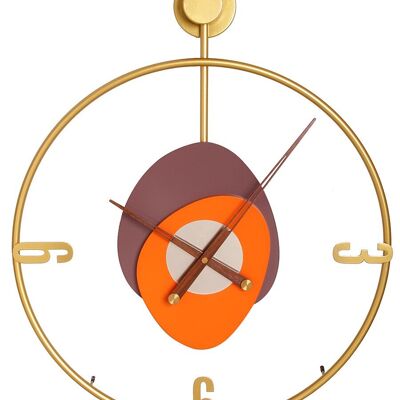 Horloge murale en métal doré avec détails en bois orange et marron. Dimension : 60x50cmDF-132