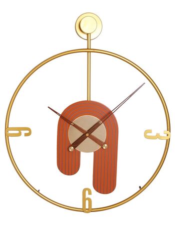 Horloge murale en métal doré avec détails en bois orange. Dimension : 60x50cmDF-131