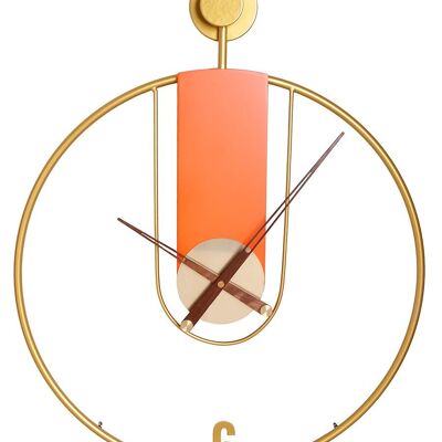 Goldene Metallwanduhr mit orangefarbenen Holzdetails. Abmessung: 60x50cm DF-133