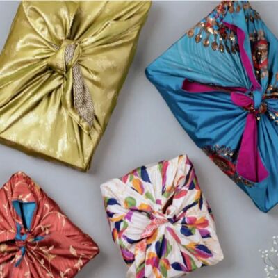 Tissu d'emballage cadeau en soie Sari - Lot de 20