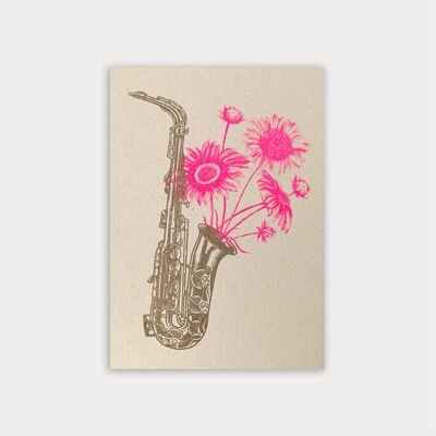 Música / postal / saxofones / papel ecológico / tinte vegetal