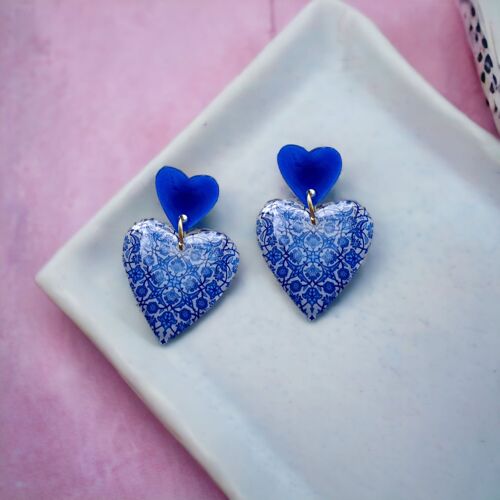 Large Blue Willow Inspired Detailed Duo Heart Earrings
