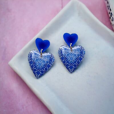 Large Blue Willow Inspired Detailed Duo Heart Earrings
