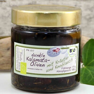 Aceitunas negras orgánicas con hueso con hierbas y ajo en aceite de oliva - Grecia Kalamata
