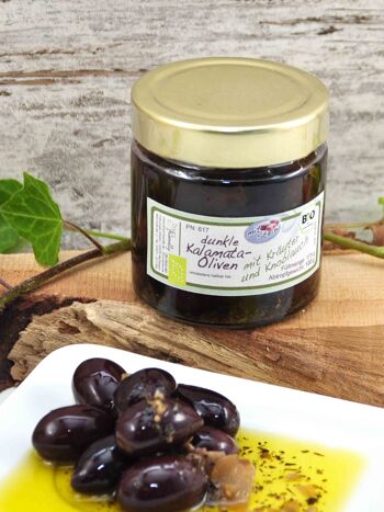 Olives noires bio avec noyau aux herbes et ail à l'huile d'olive - Grèce Kalamata 4