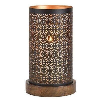 Lanterne sur socle en bois en métal noir / marron / or (L / H / P) 13x22x13cm