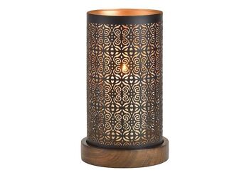 Lanterne sur socle en bois en métal noir / marron / or (L / H / P) 13x22x13cm