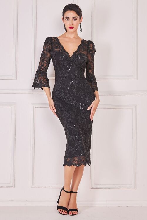 GODDIVA SCALLOP AND SEQUIN EMBROIDERED CHORDED LACE MIDI DRESS DR3960 BLACK