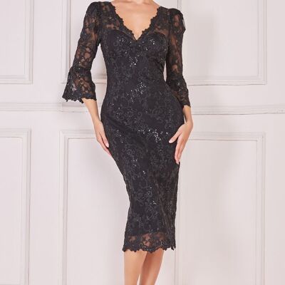 GODDIVA SCALLOP AND SEQUIN EMBROIDERED CHORDED LACE MIDI DRESS DR3960 BLACK