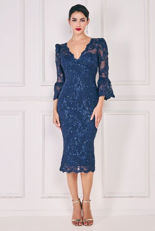 GODDIVA SCALLOP AND SEQUIN EMBROIDERED CHORDED LACE MIDI DRESS DR3960 NAVY