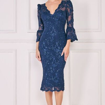 GODDIVA SCALLOP AND SEQUIN EMBROIDERED CHORDED LACE MIDI DRESS DR3960 NAVY
