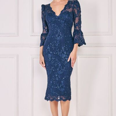 GODDIVA ROBE MIDI EN DENTELLE BRODÉE FESTONNÉES ET SEQUINS DR3960 NAVY