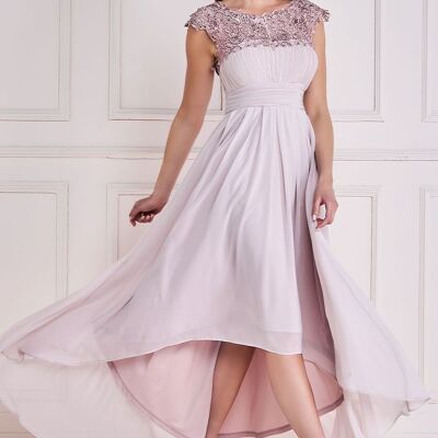 GODDIVA CORSAGE PLISSÉ EN DENTELLE CROCHET EMBELLI ROBE MAXI HAUTE ET BASSE DR3820 BLUSH