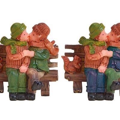 Miniature kissing couple on bench made of poly multicolored 2-fold