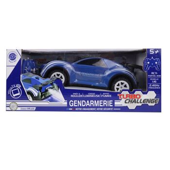 TURBO CHALLENGE - Voiture - Gendarmerie - 1/16 - 099231 - Voiture Télécommandée - Bleu - Prêt à Rouler - Option Fumée - Batterie Rechargeable et Piles incluses - Plastique - À Partir de 5 ans 2