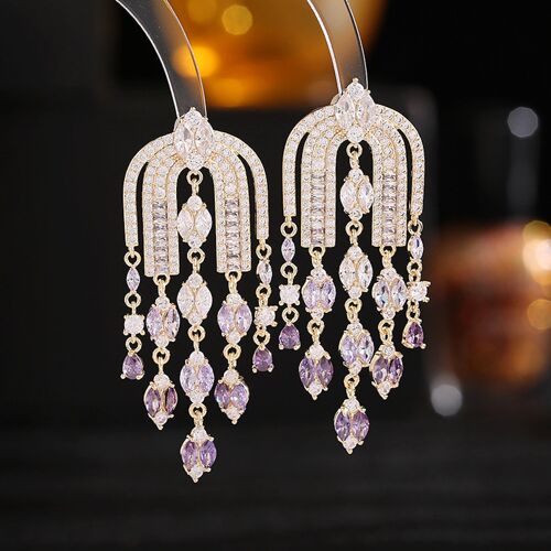 Royal French Arc Sparkling Earrings with Emerald-Cut Gems-3 colors