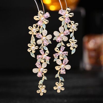 Elegant French Bloom Longline Earrings with Pink and Green Sparkling Zirconias