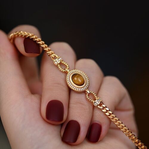 French vintage style chain bracelet with Tiger eye stone-Gold plated