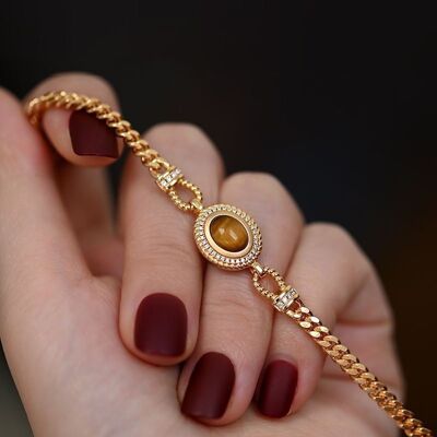 Bracelet chaîne style vintage français avec pierre oeil de tigre-Plaqué or