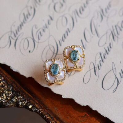 Gift bag - Vintage royal style stunning nature vivid blue topaz framed earrings with MOP-Gold vermeil