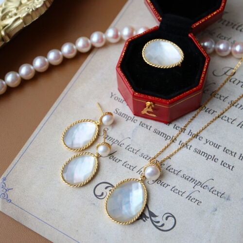 Mother of Pearl oval faceted stone jewelry set - gold vermeil - earring necklace n ring