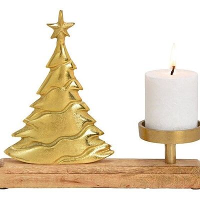 Kerzenhalter Baum aus Metall auf Manhoholz Sockel Gold (B/H/T) 22x26x8cm