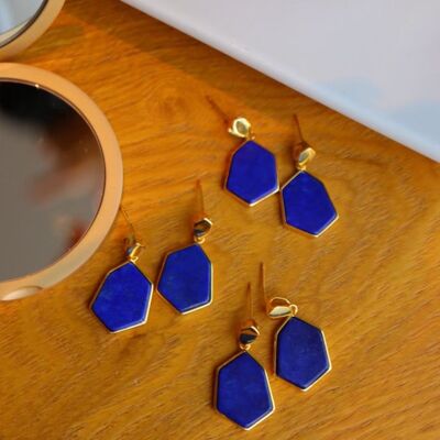 boucles d'oreilles hexagonales Lapis Lazuli bleu océan naturel d'inspiration vintage - Vermeil doré - Qualité AAAA