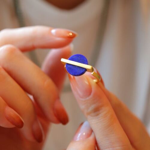 Gold vermeil minimalist round gem ring - adjustable - Lapis Lazuli