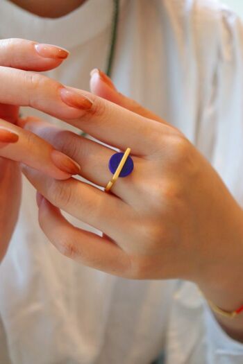 Bague gemme ronde minimaliste en vermeil doré - réglable - Lapis Lazuli 8