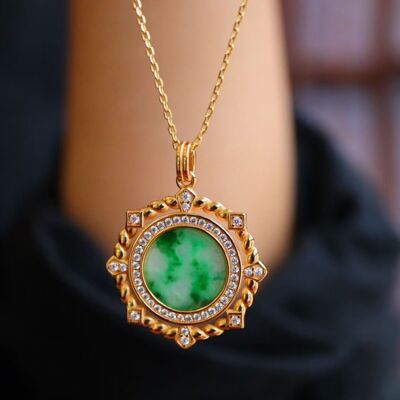 Pendentif rond en jade naturel de style vintage royal - Or vermeil - Qualité AAAA