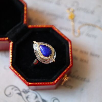 Royal blue - Sterling silver Royal style Lapis pear cut clear quartz crystal ring - adjustable