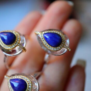 Bleu royal - Bague en cristal de quartz clair taille poire Lapis de style royal en argent sterling - réglable 4