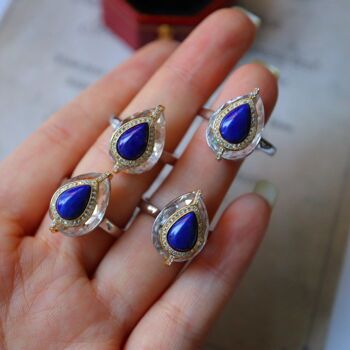 Bleu royal - Bague en cristal de quartz clair taille poire Lapis de style royal en argent sterling - réglable 5