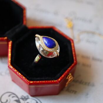 Bleu royal - Bague en cristal de quartz clair taille poire Lapis de style royal en argent sterling - réglable 7