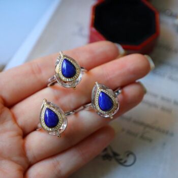 Bleu royal - Bague en cristal de quartz clair taille poire Lapis de style royal en argent sterling - réglable 8