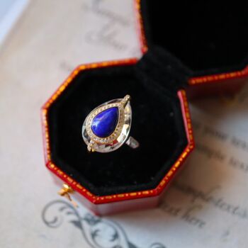 Bleu royal - Bague en cristal de quartz clair taille poire Lapis de style royal en argent sterling - réglable 9