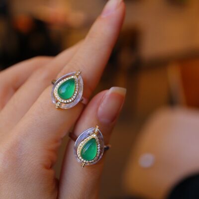 Royal green - Sterling silver Royal style natural green onyx pear cut clear quartz crystal ring - adjustable