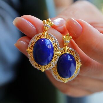 Boucles d'oreilles pendantes en Lapis Lazuli bleu naturel de style royal - Monture de style Renaissance en or vermeil - Qualité AAAA 1