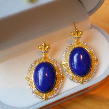 Boucles d'oreilles pendantes en Lapis Lazuli bleu naturel de style royal - Monture de style Renaissance en or vermeil - Qualité AAAA 7